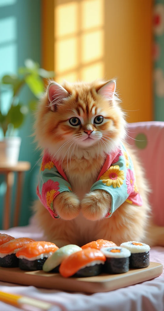 A candid photo of a fluffy cute cat, dressed in a sushi costume , pastel print pattern, sushi on a table, colorful room in background, pastel colors