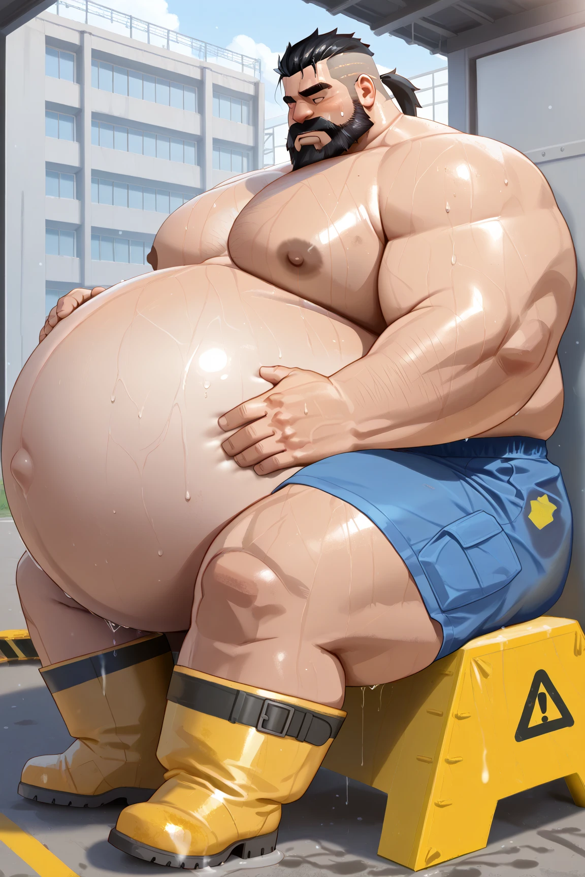full body view, a big large fat over-muscular obese male Scott Porter looking like as a pig with golden rings, blond undercut haircut, white lycra suit, white socks, no shoes, with a snout pierced with a large gold ring, all muscles over-inflated hyper-developed, rolled into mud