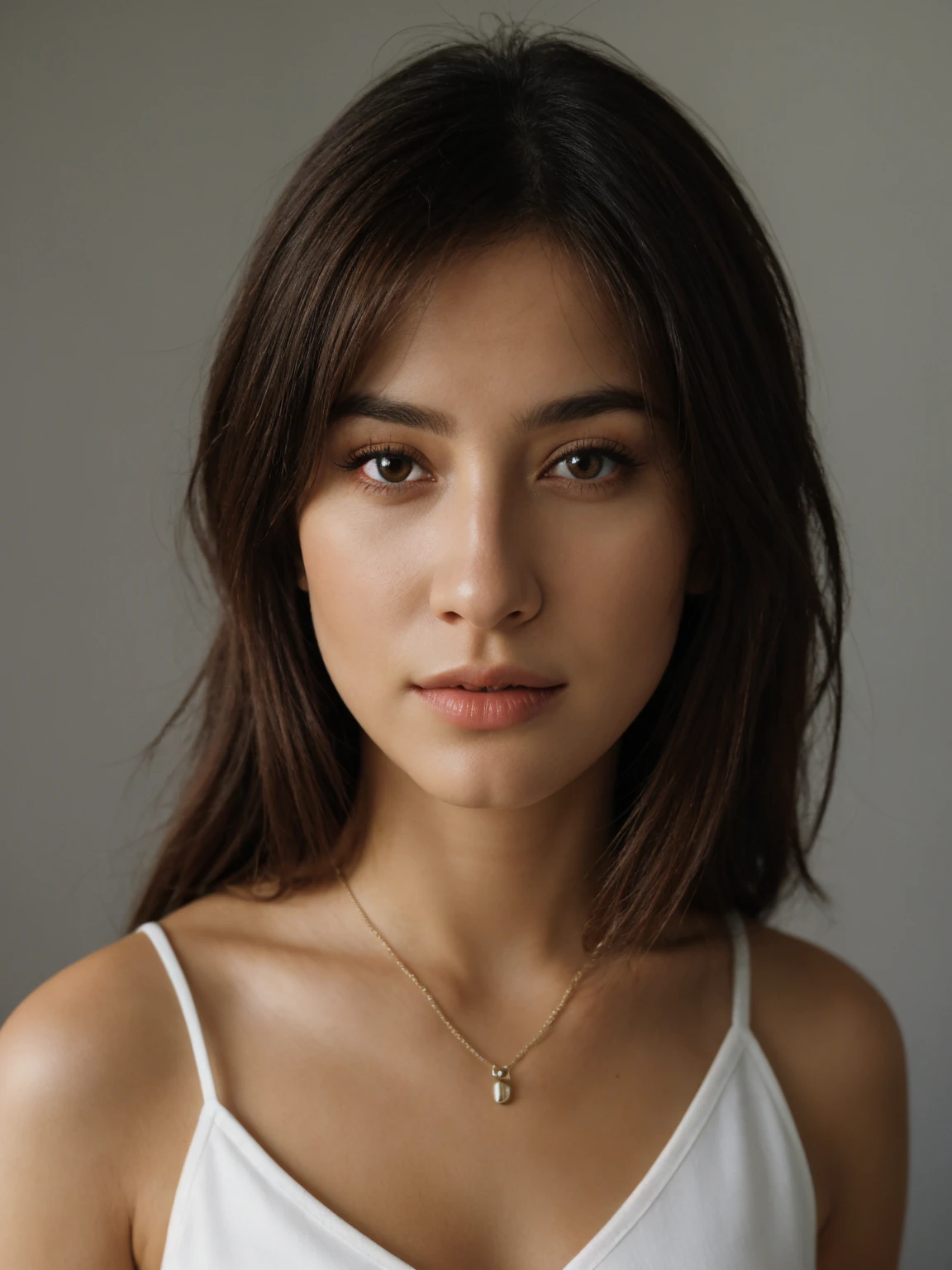 Photograph of a woman, face portrait photo of a beautiful Kazakh woman(sympathetic expression), cute model face, face looking straight into the camera, Ultra textured leather, goosebumps, in a black dress, Perfect eyes, ((harsh light:1.4)), Velvia 100 color, filmed on Blach Magic, hips, focus on the subject, photographed by Manuela Marquez