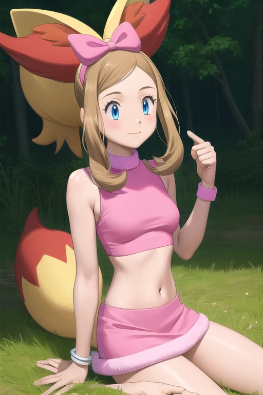 pkmnserena, 1girl, solo, blue eyes, blonde hair, long hair, ponytail, sidelocks, bangs,
pink hairband, bow hairband, hair bow, pink bow, fox tail, fake tail, animal ears, fox ears, animal ear fluff, fake animal ears,
pink shirt, crop top, sleeveless, turtleneck, pink skirt, miniskirt, midriff, bracelet, fur trim, fur collar,
smile,closed mouth,cowboy shot,sitting,
forest,outdoor,
(insanely detailed, beautiful detailed face, masterpiece, best quality) cinematic lighting, pregnant, embarazada.