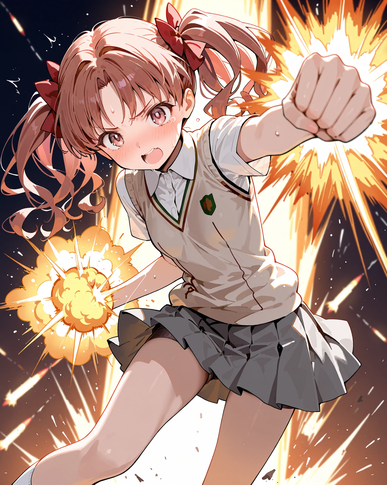 A girl with long pigtails of brown hair and pretty green eyes, framed by pale skin, stood smirking at Bakugo, her opponent in the U.A. Sports Festival. Her hands glowed a vibrant green, a testament to her quirk, Vital Surge, which allowed her to heal people. Clad in the standard gym uniform, she faced Bakugo with a mix of determination and confidence. The stadium buzzed with excitement, the audience eager to see how her healing abilities would fare against Bakugo's explosive power. The scene, rendered in the distinct, dynamic art style of My Hero Academia, captured the intensity of the moment as the battle commenced. ( good quality ) ( accurate gym uniform in MHA ) ( Background is very detailed from the sports festival ) ( ability magic very detailed) ( art style is very detail like the style of MHA )