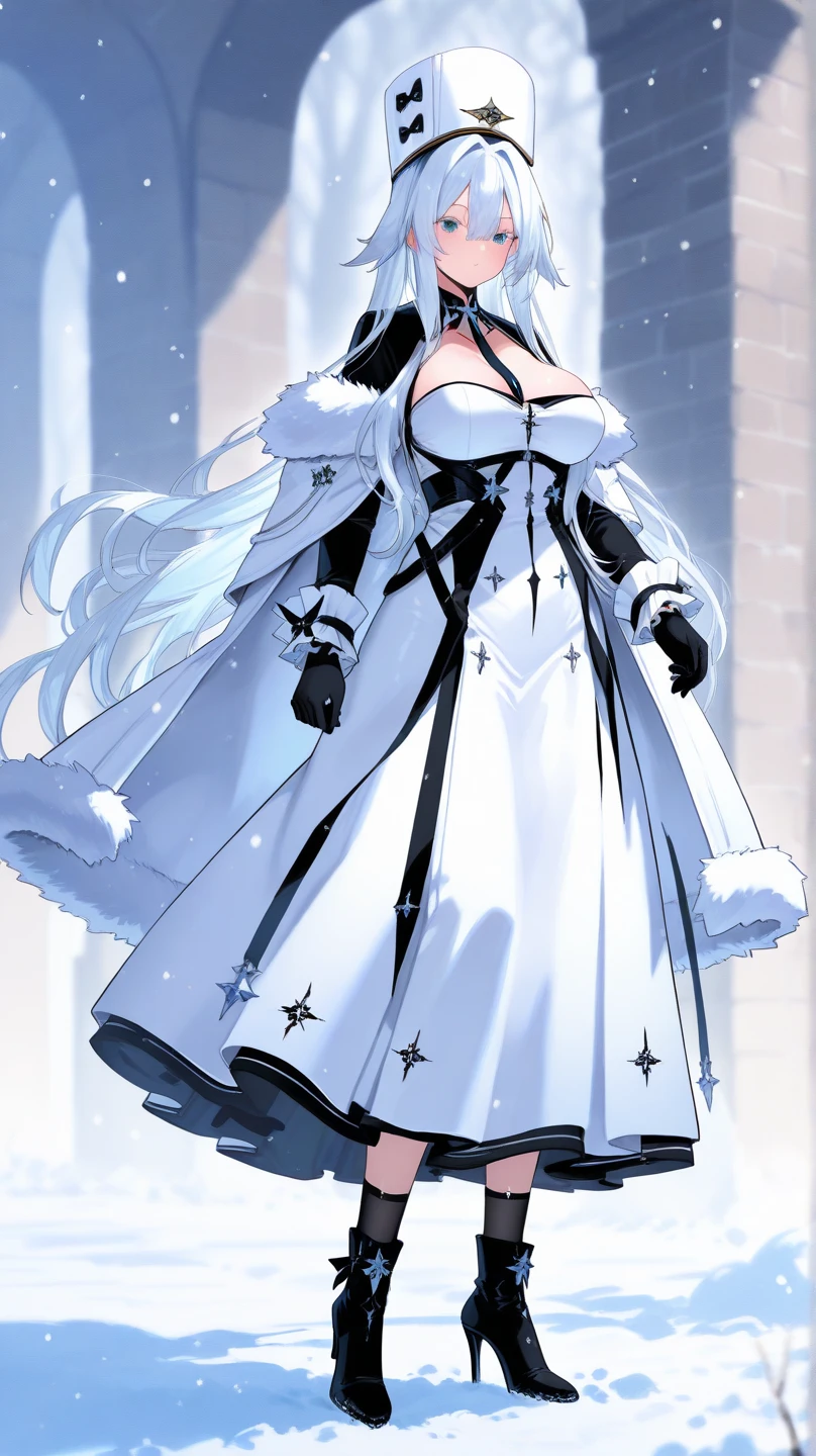 saints,Holy,Having fun,(white winter coat:1.3),Boots,Large long skirt,(luxurious ),(Silver hair:1.2),eBlue eyeany ice jewelry:1.1),Lilac pattern,Minimalism,Ruffles,Lace,Exquisite embroidery,delicate patterned,(Beautifully dressed),The background is the Ice Kingdom,(heavy snow),Alone,Beautiful and delicate face,Obsessed