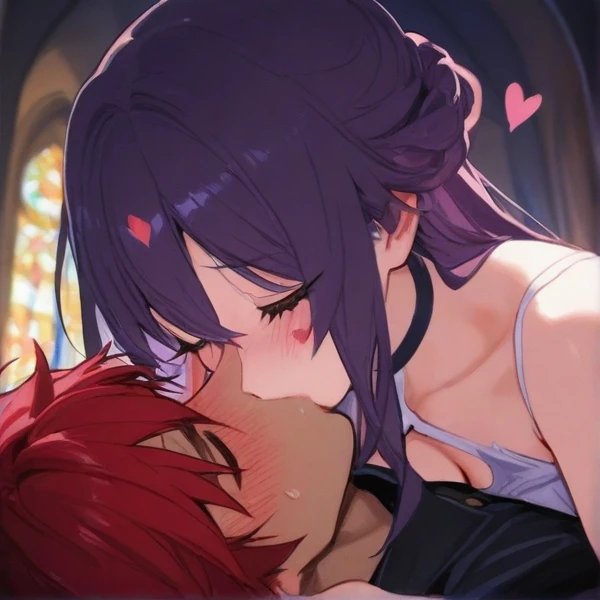 score_9, score_8_up, score_7_up, score_6_up, score_5_up, score_4_up, source_anime, 1 woman, long bed, purple hair, kissing, long hair, close eyes, free arms, clean hair, black bikini, black boots, thigh high boots, heels, Release the knee, Show the heels, dungeon, night, best quality, best res, 4K UHD,
1 man, red hair, shirt, trousers, kissing woman, socks,