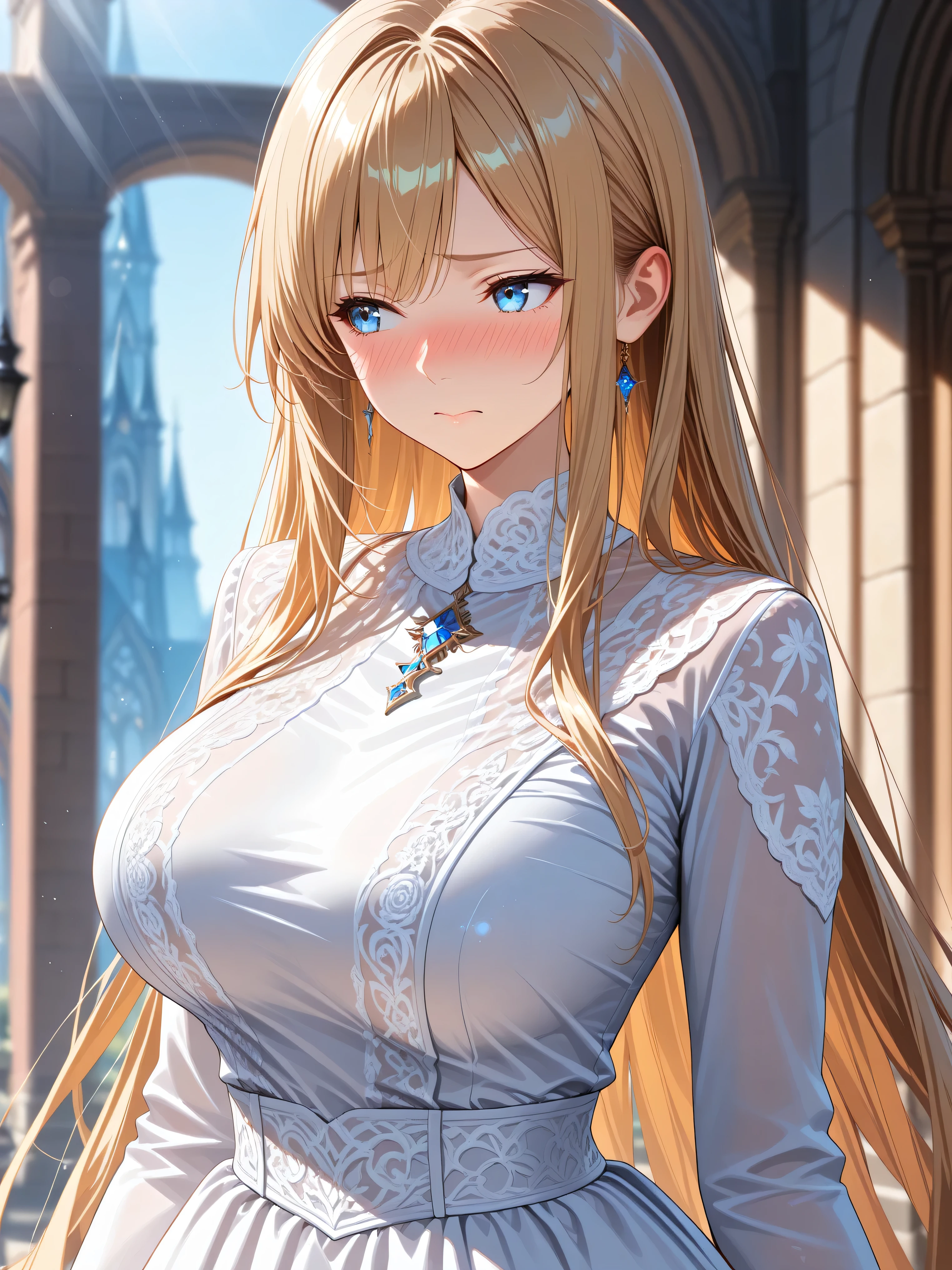 official art ,High Construction ,Hi-Res CG Unity 8K Wallpaper, super high accuracy , high accuracy , Half photo , Silk Embroidery and Film Grain , Best Quality ,8k, viewer , ((masterpiece)), ((Best Quality )), (beautiful), amazing shading, cinematic lighting, high resolution , absurdres , Fashion photography , newest , hyper-detailed , realism , depth of field, extremely clear image , contrasts of light and shadow , 2 . 5D , artistic photography , hyper realistic
,BREAK, booster ,detailer ,Design ,High Construction ,BREAK ,
fantasy city , fantasy town ,BREAK
,1 girl ,Fair-skinned, big breast ,long straight golden hair ,very long hair, deep blue eyes ,White long dress, Slender line dress ,Long sleeve ,orgasm ,having an orgasm ,embarrassing ,nose blush ,((looking away, face focus)), Worried brow