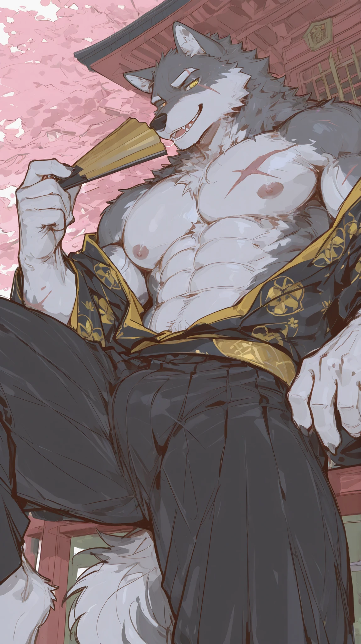 1 Uncle,(((middle-aged_male:1.5))),old_man:0.5,Gray Wolf,furry,shrine, cherry blossom trees ,Cherry blossoms all over the place, front view,golden eyes,gray fur,white body,black and gold short kimono top,Wear a black and gold kimono top with an open look,black pleated pants with a golden Xiang Yun pattern,在shrine内,The falling kimono,Open your mind,Handheld folding fan,topless,(stout),strong ones, to reveal abs,(( boy:1.3)),(( adult)),((older)),outdoor,8,((alone)),strong ones,pink paw,paw,bulge:0.5, looking_at_viewer,Calm,from below is expressionless,Caress_at_viewer,low_angle, from_below, looking_down,best quality, masterpiece, muscular, solo, detailed pupils, bara, wolf, black fur, narrow waist, male focus, muscular, mature, furry, large pectorals,soft lighting, scar on face, scar across eye, scar, mane, thick thighs, tail, dynamic pose, open mouth, smirk, teeth, saliva trail, looking at viewer, (sketch, flat color, sketch marks, flat shading:1.3), emphasis lines, motion lines, (line art:1.1), BREAK score_9_up,score_8_up,score_7_up,score_6_up,score_5_up,score_4_up, wolf boy,Negative prompt: text,logo,signature,bad hands,bad anatomy,hair,lowres,low quality,watermark,logo,one hand inviting viewer,teasing viewer,beckoning