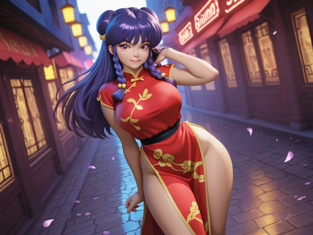 shampoo, head buns, sexy, fitness, ,thick thighs, tonned body, thin waist, large hips, small breasts, purple hair, (traditional chinese pink dress:1.5), shredded abs, thick calves, full body, perfect body, beautiful, sexy, teasing, long legs, sneakers, high heels, muscular woman, full body view, magazine photoshoot