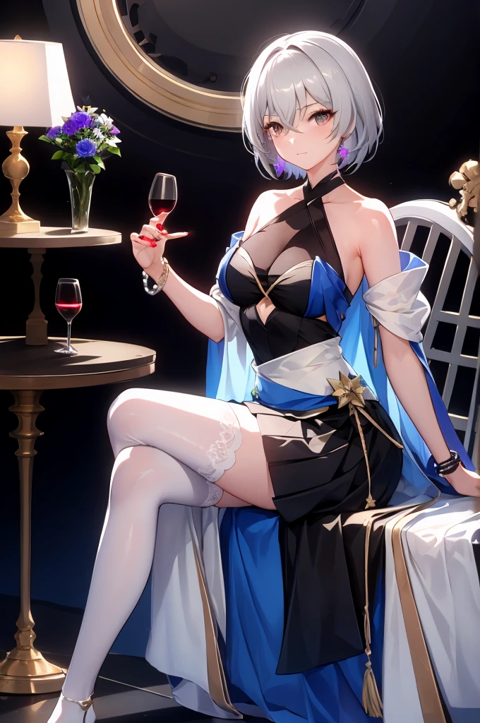 sovetsky_Soyuz, grey hair,messy hair bun, choker, necklace, bracelets, earrings, thighs, black dress, luxury dress, thigh holster, high heels, large breasts, cleavage, first rate breasts, grey eyes, sharp eyes, Long eyelashes, symmetrical eyes, eye shadow, ominous vibe, expressionless, stoic, relaxing, anime, aesthetic, Anime screenshot, Ultra quality, UHD, high detail, night, ballroom, champagne, party, full body