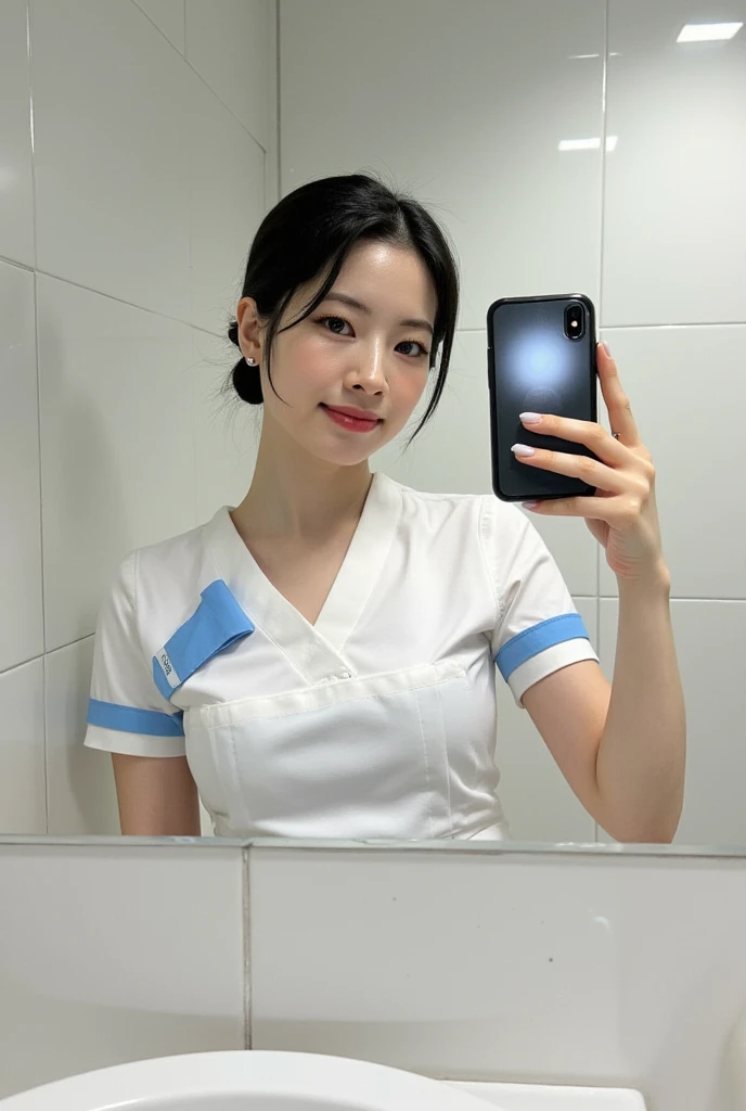 Top quality, Photo Real, High resolution, Detailed Background, (((Beautiful skin in every detail))), Detailed nose, (((Without makeup1.100))),(((Completely no makeup))),((Clear and beautiful skin with transparency1.100)),Soft lighting, (Solo Shot:1.9),(((Thick fabric round collar nurse uniform1.15))),(((She is wearing a Black clothes which is completely buttoned1.20))),(tight clothing1.8),(((She is wearing a cute shape plain color nurse cap))),Neat clothes with little exposure,(((Very soft-looking thighs1.30))),((Super mini skirt)),(((Neck choker))),(((Sexy garter belt))),Little close-up shot, (((Shooting above the knee))),Nice hands, Perfect hands, Clear Eyes,Pale skin,1 beautiful woman, (Japanese girl1.55),(((Around 1.20))),(Permed blonde hair1.8),(((Bun hair1.8))),(((Soft-looking chest1.10))),(((A very large and well-shaped chesthidden under clothes1.80))),(((Cute lips1.20))),(((Great style1.55))), (Open-mouthed and smiling very happily1.10),(She is laughing heartily with her mouth wide open, and she looks so cute1.20),Beautiful eyes,Looking up with eyes,Staring at me,staring directly,smile towards,(She is looking straight at me from the front1.15),((Accurate structure of the limbs1.20)),(((Performing surgery as an assistant in the operating room))),
