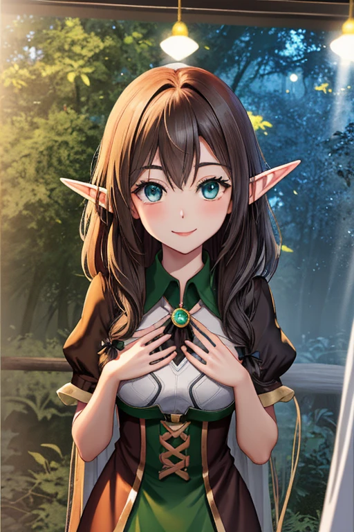 1girl, alone, long hair, breasts, looking at viewer, smile, brown hair, cleavage, bare shoulders, brown eyes, jewelry, medium breasts, upper body, red hair, earrings, sky, pointed ears, dark skin,dark blue dress, necklace, off shoulder, dark-skinned woman, night, elf, star \(sky\), starry sky, freckles, onsen, freckles on the body, various mountain, winter,More details, better quality, it's detail in the eyes