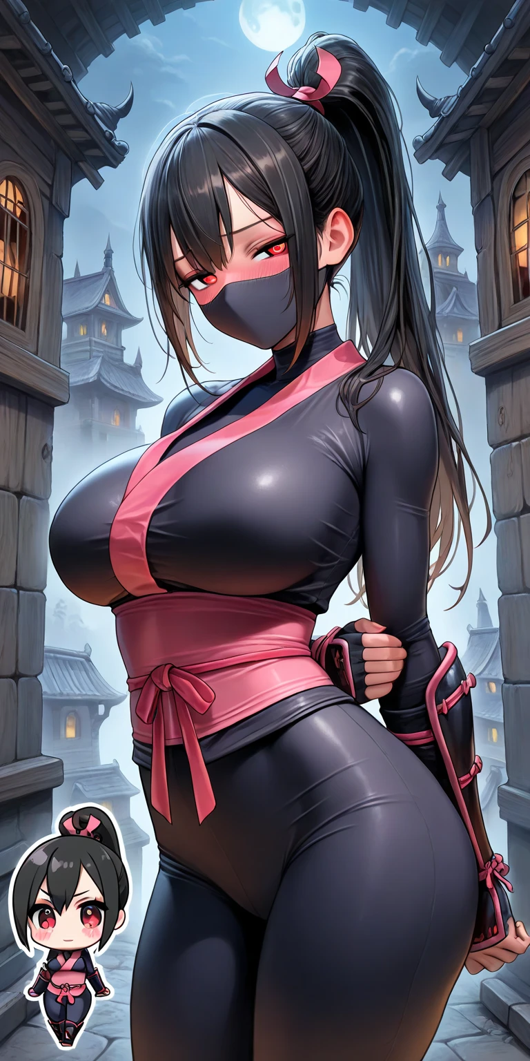 masterpiece, top quality, best quality, official art, beautiful and aesthetic:1.2), (1girl:1.3), dark brown hair in a topknot, extremely detailed, portrait, looking at viewer, solo, (full body:0.6), detailed background, close up, (warm summer nighttime Feudal Japan theme:1.1), ninja, charlatan, mysterious, sneaking in a garden, black mask, black head covering, revealing ninja attire, black ninja tunic, assassin, black wrappings, katana, kusari-gama, metal, black leather, breeches, leggings, loose pants, bracers, armor, gauntlets, ninja shoes, buckles, straps, ((((gigantic breasts, cleavage, skindentation)))), slim waist, slim hips, long legs, moonlight, Feudal Japan (Japanese garden exterior:1.1) background, dark mysterious lighting, shadows, magical atmosphere, dutch angle,