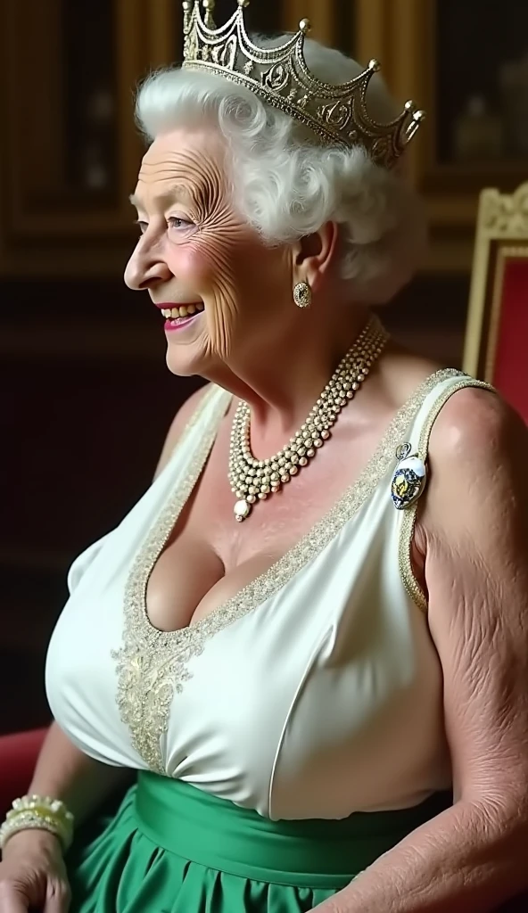 masterpiece, (busty breast:1.4), (queen elizabeth 80yo at party) (covered in cum:1.3), (kissing a black penis:1.6), (excessive cum on face:1.5) with (close mouth:1.4), generous cleavage, (white sheer silk dress:1.5), (looking up the man), background room ospital