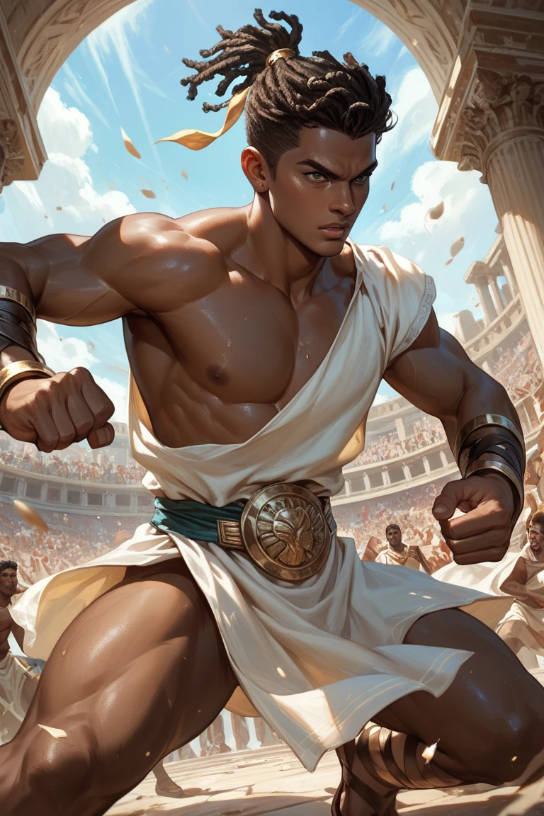 Mighty gladiator, upper torso exposed, legs unclothed from thighs to feet, flowing long curls, detailed muscular physique, lifelike depiction, 4K resolution. Background: Roman colosseum filled with cheering crowd.,32k uhd, best quality, masterpiece, super detail, high details