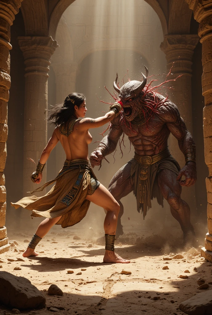 Make a demon woman by giving the elf Frierem a good punch, the protagonist of that anime. Let a powerful punch be felt, It&#39;s the end of the fight. Make the background a desert and have explosions.