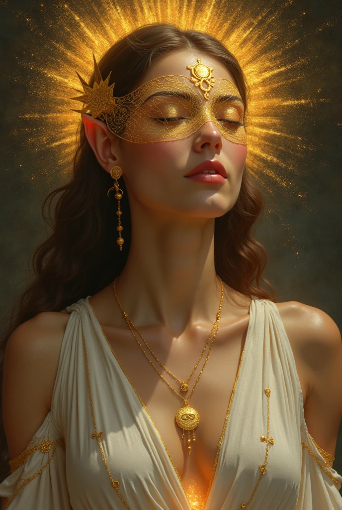 A regal and divine figure stands with closed eyes, emanating an aura of serene power and grace. She is adorned with a magnificent, ornate crown that resembles golden, sun-like rays extending outward, framing her head in a halo of divine light. The intricate details of the crown are echoed in the delicate, gold filigree tattoos that adorn her pale, flawless skin, weaving across her shoulders and chest with elegant, flowing patterns. The background is a deep, cosmic teal, flecked with stars and celestial motifs, further enhancing the ethereal quality of the scene. The radiant golden light from behind her adds a sense of divinity and otherworldly beauty, making her appear as a celestial goddess or a queen of the heavens.
BREAK
((best quality:1.6)), ((high quality:1.5)), ((high details:1.5)), ((super detail:1.5)), ((masterpiece:1.6)), ((UHD:1.5)), ((8K:1.6)), ((highres:1.5)), ((dramatic lighting)), ((celestial glow)), ((ethereal beauty))
BREAK
by Alphonse Mucha, Greg Rutkowski, Artgerm, Michael Parkes | ((fantasy art)), ((celestial goddess)), ((divine light))
BREAK
((best quality:1.6)), ((high quality:1.5)), ((high details:1.5)), ((super detail:1.5)), ((masterpiece:1.6)), ((UHD:1.5)), ((8K:1.6)), ((highres:1.5)), ((cosmic lighting)), ((surreal landscape)), ((ethereal beauty))
BREAK
by Salvador Dalí, Greg Rutkowski, Artgerm, Jean Giraud | ((surrealism)), ((cosmic art)), ((fantasy landscape))