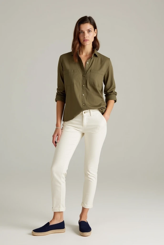 Olive top with white pant and brown boots...women
