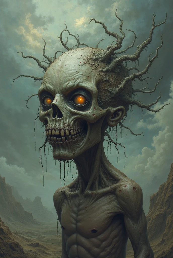 ribbed abandoned closeup face portrait of an angel on exoplanet, covered with tentacles, roots, wires, tubes, baroque painting, standing in a desolate empty wasteland, creepy, nightmare, dream-like heavy atmosphere, surreal abandoned buildings, beautiful detailed intricate insanely detailed octane render trending on Artstation, 8K artistic photography, photorealistic, chiaroscuro, Raphael, Caravaggio, Beksinski, Giger