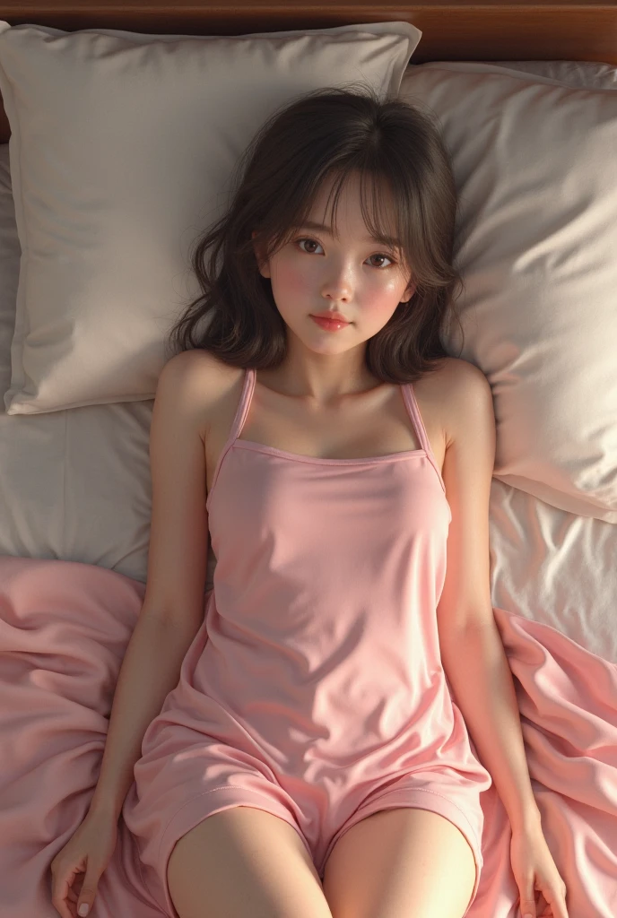 darktime,Photo of a Beautiful japan idol Woman,(open pants),(open shirt),(green pajamas:1.2),pink panties,from above,colorfull bed,girl's room,25 years old,((Canon R5), skinny,smilly face, strapless dress, g-string, <lora:jwy___v1:0.5>,
