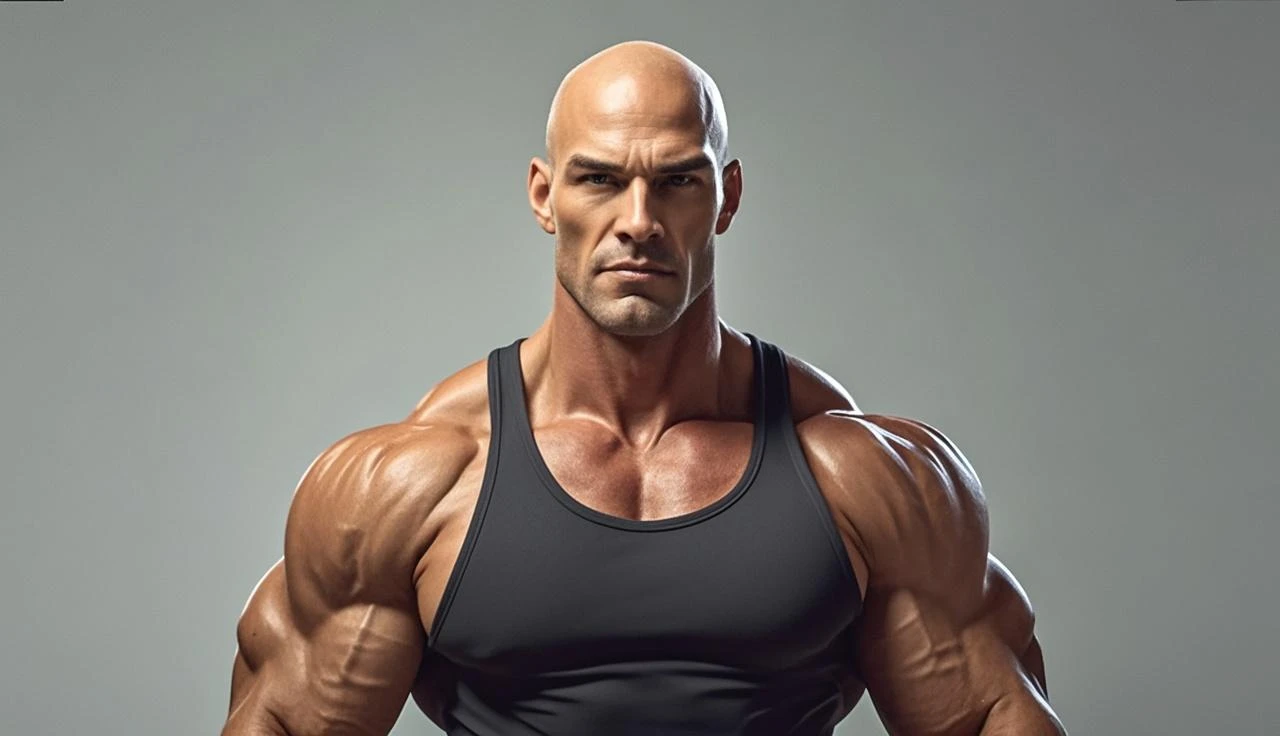 (masterpiece, intricately detailed, highest resolution, best quality:1.2),a cocky male model,a 50 y.o muscle daddy with a muscular physique looking from the bottom completely naked with blue eyes,shaved head,mutton- chops,flaccid penis,Shazamsuit,saggy balls,hairy chest,vascular,muscle striations,soft light,fantastic realism,
