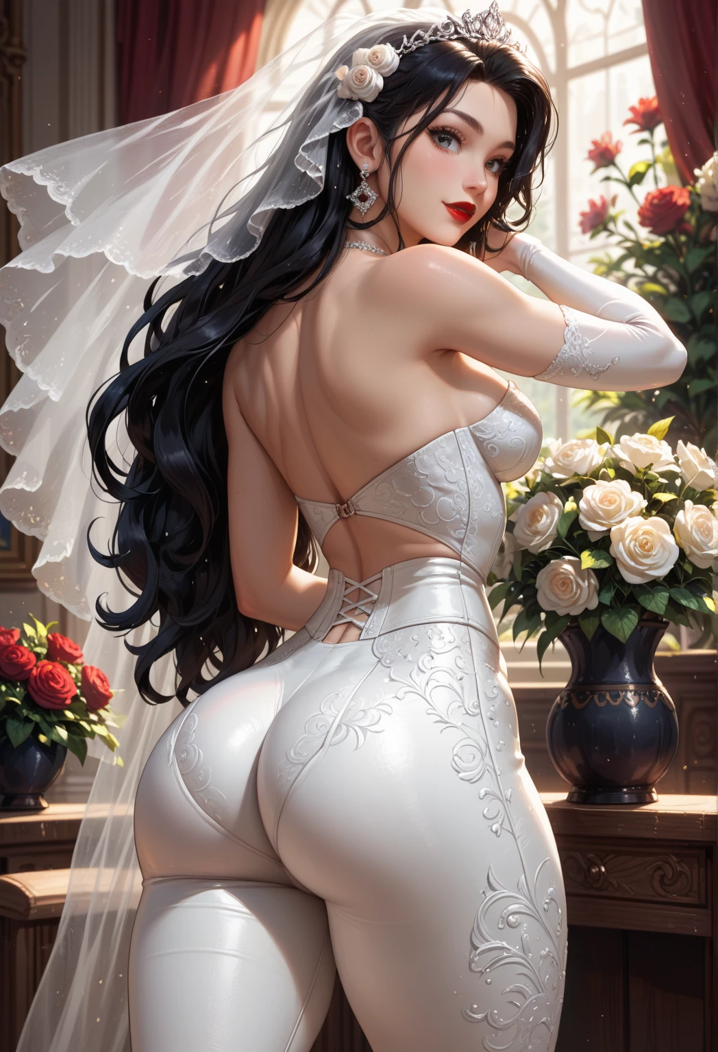 Hyper realistic super detailed sexy woman, Une fille confiante, NSFW, Very detailed, expressions faciales sexy, seductive facial expressions, [:(Face detail: 1.4): 0.4], 16K resolution, 4k resolution, dinamic lighting, High definition resolution, (sexy pose, Position attrayante), (hyper realistic: 1.4), (back light: 1.2), (sun light: 1), (pleine hauteur: 1.8),(contrasting background: 1.5), (Anatomy of the hyperrealistic arm), (Hyperrealistic anatomy of the legs), (peau propre), (lighting cinematic: 1.7), (intime), (Technologie NVIDIA RTX Ray Tracing), (Anatomy of the hyperrealistic arm: 2), (Ventre plat parfait), (image couleur),Create a masterpiece in 4K resolution, ultra-realistic, and extremely detailed, featuring an alluring young bride with a captivating physique and attractive bridal attire. The bride is the central character in the artwork, radiating joy and elegance. She stands in a beautifully decorated bedroom, with soft, natural light streaming in through the curtains, creating an intimate and enchanting atmosphere.

The alluring young bride possesses a captivating beauty. Her wedding gown is a true showstopper, with intricate lace, delicate embroidery, and a figure-hugging silhouette. She wears a veil that partially covers her face, adding an air of mystery. Her bouquet of fresh flowers is held gently in her hands.

Her physique is alluring, with graceful curves that complement the elegant lines of her bridal attire. Her hair is styled to perfection, with flowing locks that frame her face. Her makeup is tastefully done, enhancing her natural beauty. She wears sparkling jewelry that accentuates her allure, including a necklace, earrings, and a tiara.

The bedroom is tastefully decorated for the occasion, with floral arrangements and romantic touches. The bed is adorned with fine linens and decorative pillows. Soft candlelight or warm ambient lighting enhances the intimate setting