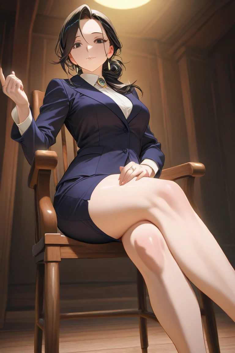 (masterpiece), ((highest quality)), (masterpiece,highest quality,Official Art,Highly detailed CG Unity 8k wallpaper), (The most noble and beautiful), (Highly educated woman),Beauty Photography, woman,alone,(An elegant, upper-class, super elite secretary in a business shirt),Perfect look,double eyelidの目,Delicate makeup, Working in the office,Wear a strict business suit, (Wear pantyhose),Wear high-end heels,Girl in a shirt, Wearing a suit, Huge ,Full Body Lesbian,Wearing a suit, Wearing a suit, merchant, Business Attire, 黒いWearing a suit, Wear a shirt and skirt, Woman in a suit, business suit,Computer chair,sit down,Erlang Leg,High heels,Displaying the viewer,Bright,Intricate details,Feet Focus,From below,Cool Beauty, Small earrings,Accurately expresses the fine details of the face and skin texture,(The most beautiful face and eyes), double eyelid,Delicate skin,Slim figure,alone,larg breasts,(She wears the most beautiful and noble little earrings), (From Below 1.5)