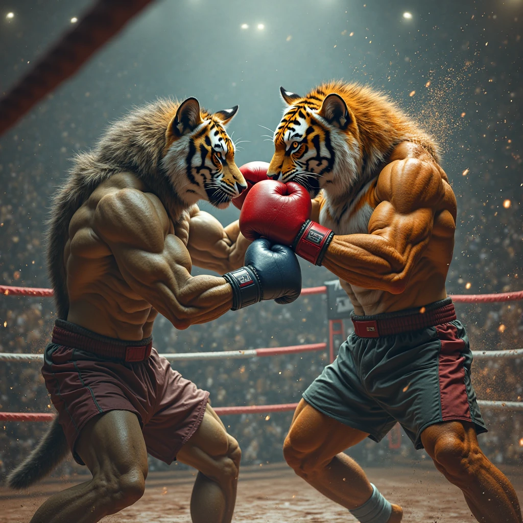 “It creates an image of two anthropomorphic feline characters engaged in a boxing match. A character, resembling a tiger, is on the left with boxing gloves and blue underwear, ready to throw a punch. The other lion-like character is on the right wearing boxing gloves and green trunks, recovering from the impact of the punch with an expression of shock and pain as visible energy emanates from the point of contact. The background is filled with an excited crowd under the bright lights of the stadium, enhancing the dramatic effect of this high-stakes combat sports scene.” Soft furry skin like real animal, neon light effect