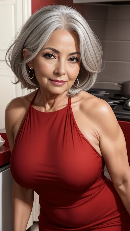 portrait of a 65-year-old woman with long gray hair, award winning glamour photograph,((best quality)), ((masterpiece)), ((realistic)), KarolinaDemy:0.9 , looking straight, very big natural breast, cleavage show, very happy, long hair, in a kitchen, afternoon light,((((red thin nightdress)))),(((looking at viewer))),