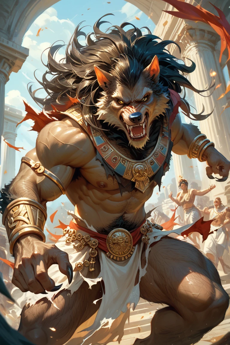 Leonhart, loincloth, muscular, palace background, horns, fangs, best art, perfect anatomy, masterpiece, good lightning, by darkgem,sitting, bored, feet, hand on knee