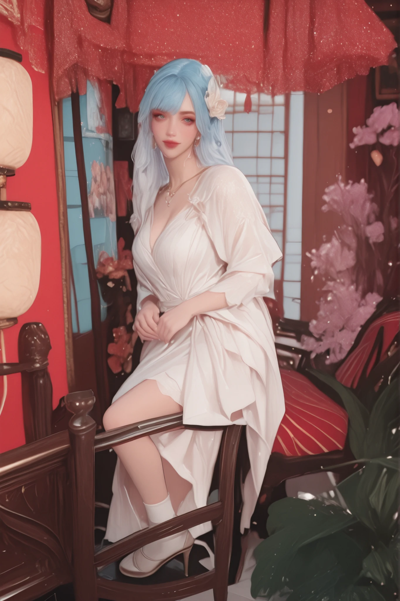 Change to a full-body photo of a woman,G cup,Perfect Details,has exquisite facial features, Clothes are exquisite , Game Character Design ,3D Rendering