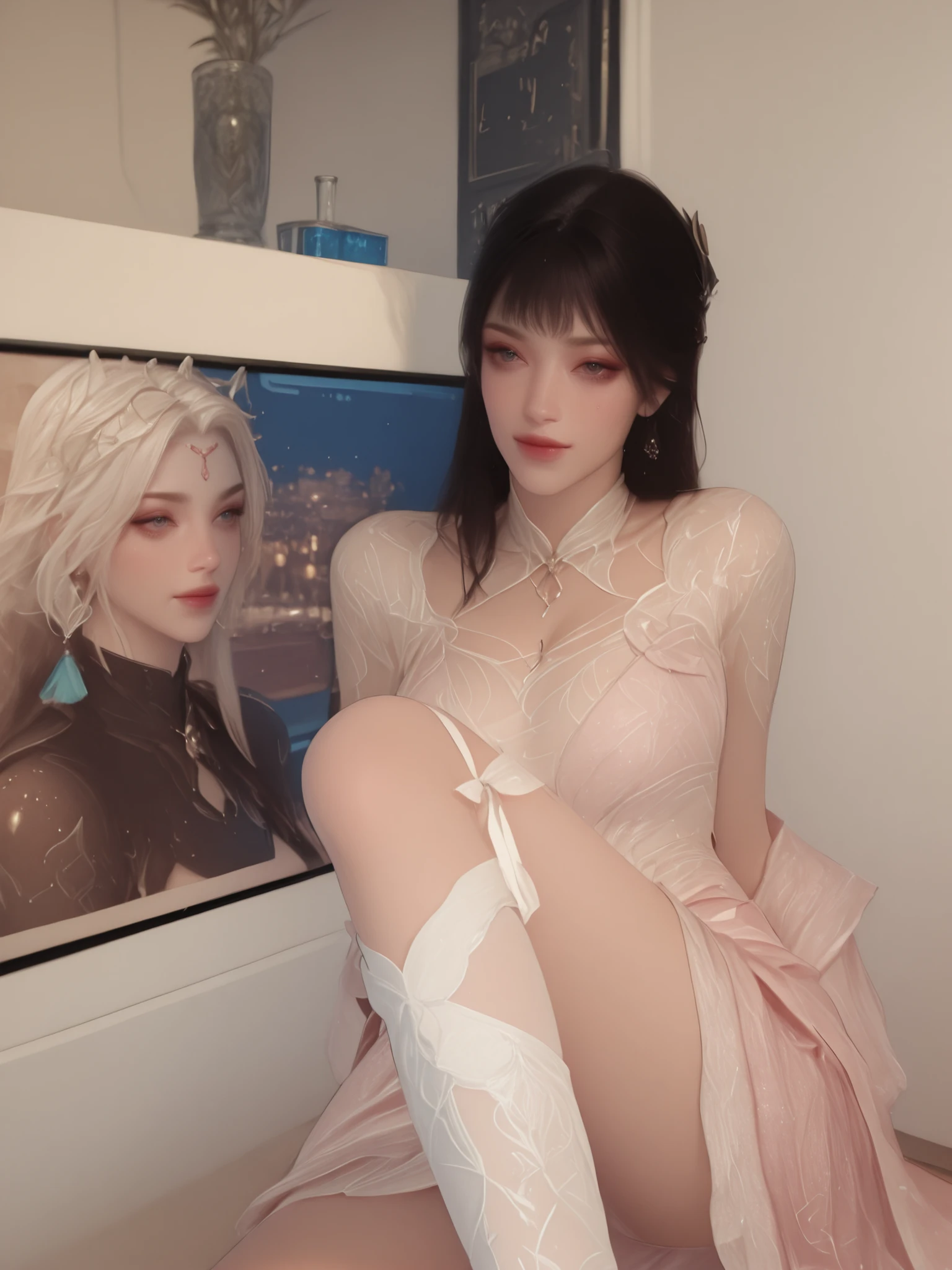 White hair, black stockings, (no panties)