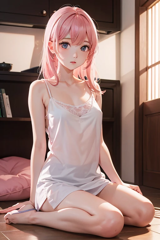 Ultra high resolution, (realistic: 1.4), original photo, 1 girl, ((best quality)), (masterpiece: 1.2), (exquisite beautiful girl), illustration, looking at the camera, 1 girl, pink hair, delicate makeup, white shirt, skirt, luxurious room, squat,