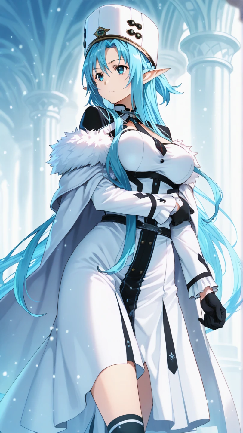 Anime, woman, long hair, pale blue hair, pink eyes, gently, earrings, big boob, wearing a black dress, beautiful, elegant, pure, fantasy, ice, snowflake, snow land, cool, noble, fur coat, elf, crystal, stateroom,