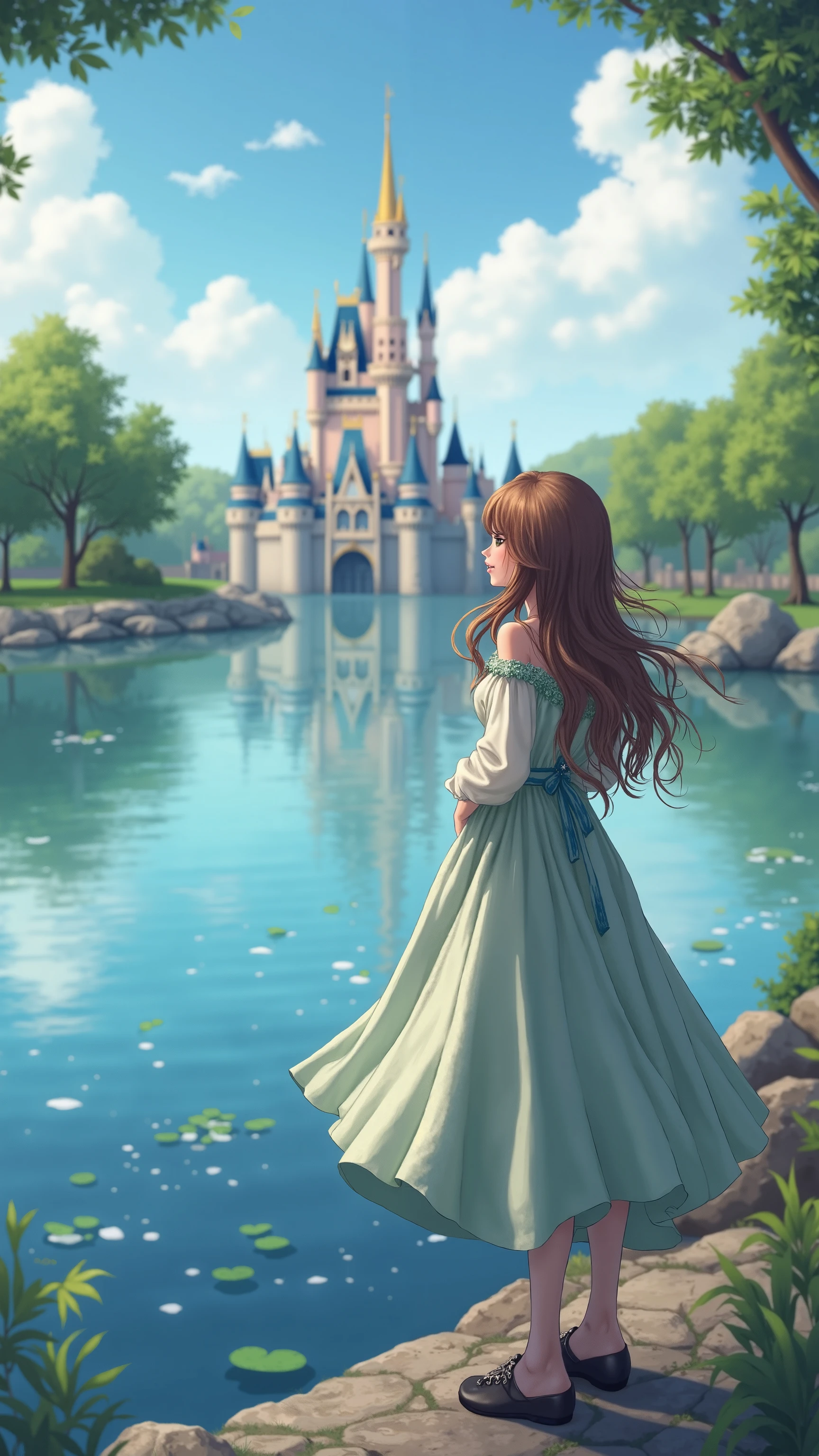 With high definition images, The beautiful and clear lake scenery plays the leading role , ,field,( Disney Castle ) I can also see a colorful castle on the other side of the lake、A girl in the distance , face details, magic , ピンクの satin dress。