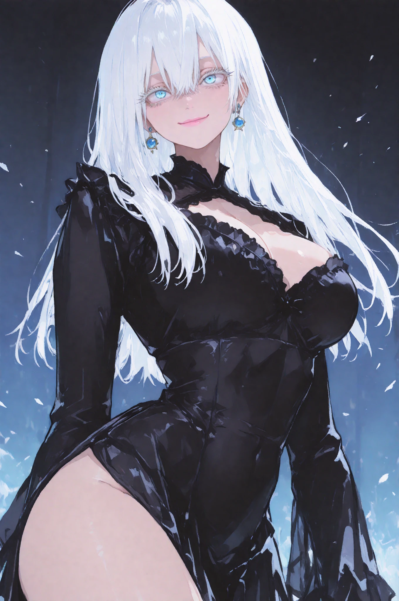 Beautiful Women in Perfect Shape:1.4,snow,Hands on hips,snow背景,Layered Hairstyle,White skin,Prominent cleavage,Pleated Skirt,whole body,The facial and skin texture is very delicate,Double eyelids,Skin Whitening,Long white hair