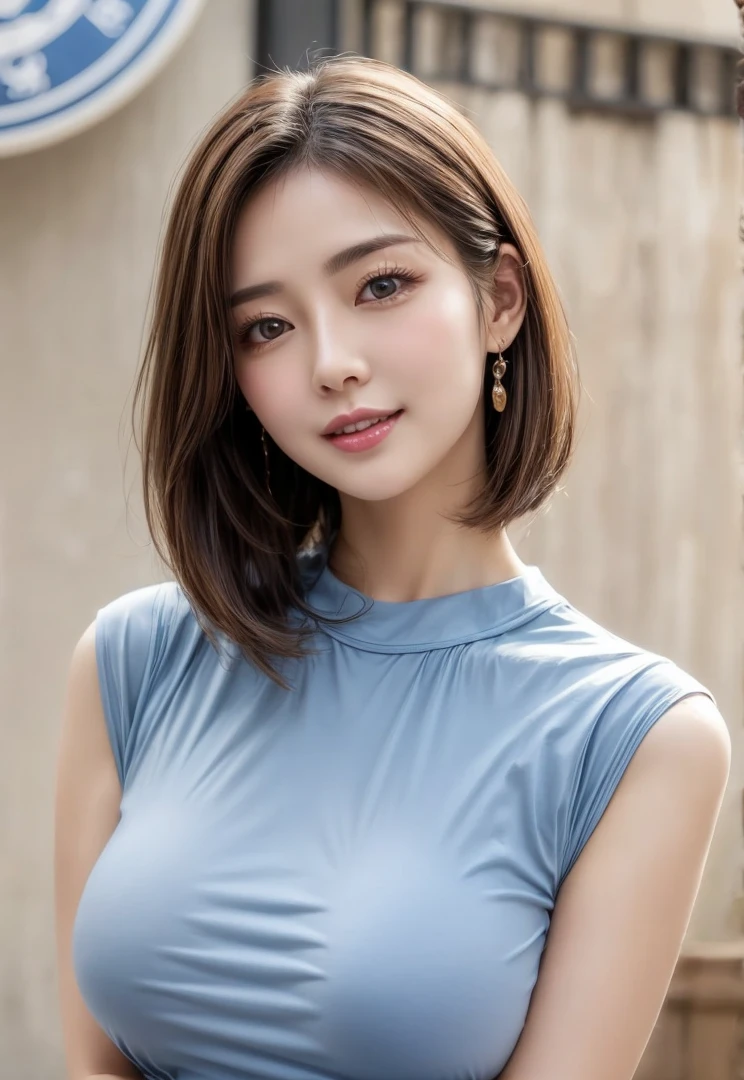 (((Light blue sleeveless dressを着て街角でポーズをとる女性)))、shiny smooth light brown hair, Beautiful sky with details、耳环、(dynamicposes:1.2)、 (The upper part of the body:0.8)、Soft lighting、the wind、glowy skin、A smile、,(eyeshadows:1.3),(eye line:1.3),(mascara:1.3),(Red cheeks:1.3),(Sexy Lipstick:1.1),K-pop idols、hposing Gravure Idol、cowboy  shot、(((Gal)))、Light blue sleeveless dress、light blue high neck sleeveless dress、:1.2、