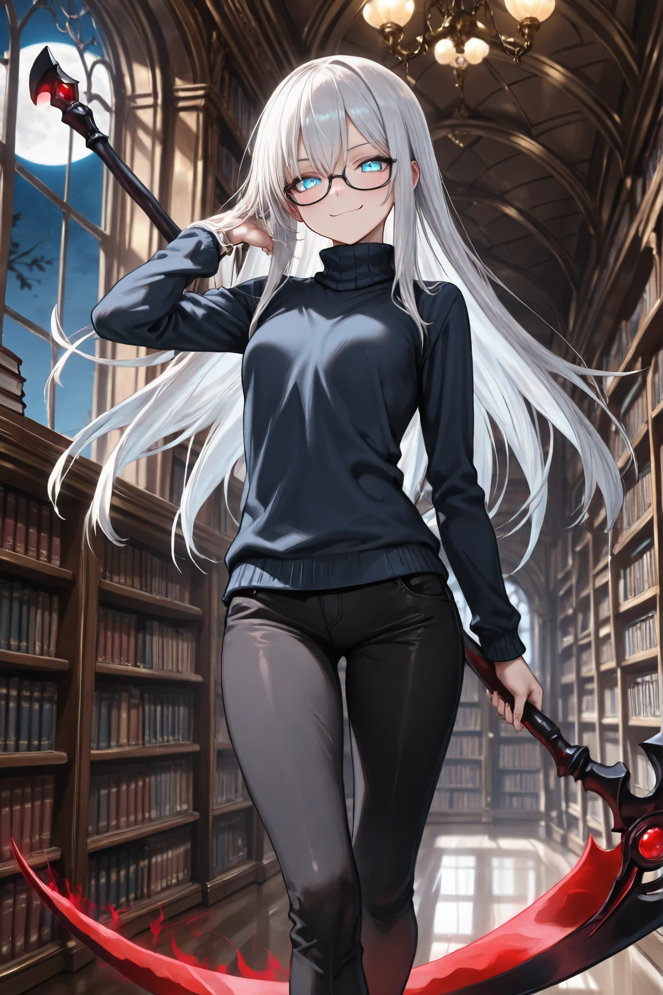 ((Masterpiece)),((best quality)),((incredibly absurdres)),((8K)),(semi realistic),
1 girl,solo,young female,aged up,kawaii,white hair,long hair,straight hair,blue eyes,small breasts,
 (black eyewear),navy blue turtleneck sweater,loose shirt,black skinny jeans,
smirk,smile,closed mouth,look at viewer,
walking,holding  scythe in one hand,outstretched arm,
fantasy  scythe,Big  scythe just the weapon,sinister scythe,black  scythe,red  scythe,(glowing black aura around the scythe,)
hand in own hair,
library,bookshelf,Window,night,moon light,
ankle up shot,from front,scythe focus,