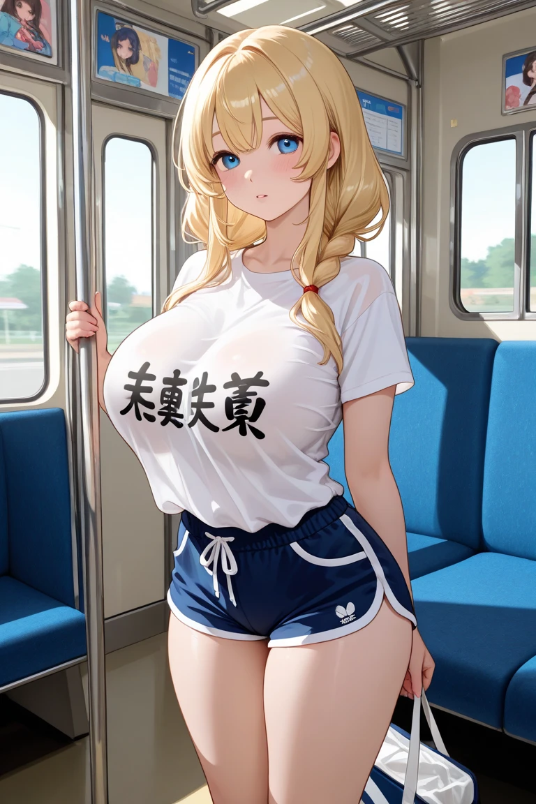 masterpiece, Highest quality, 1 person,( Large Breasts,Are standing, View your viewers,),Detailed Background、A person who writes in detail、Accurate human body、Knowledgeable person、Accurate 5 fingers,Mature Woman,Thighsが太い,Curvy Body,Cyclone \(Just once\),Thighs、alone,((All Samus, Blonde, Blue crop top, Blue Dolphin Shorts, Exposing shoulders, abdomen,)),((Absolute area)),Method TranT, (train interior), netorare, chikan, grabbing, hetero, pussy juices, molestation, public indecency, public use, fingering, 2 faceless male, assisted exposure