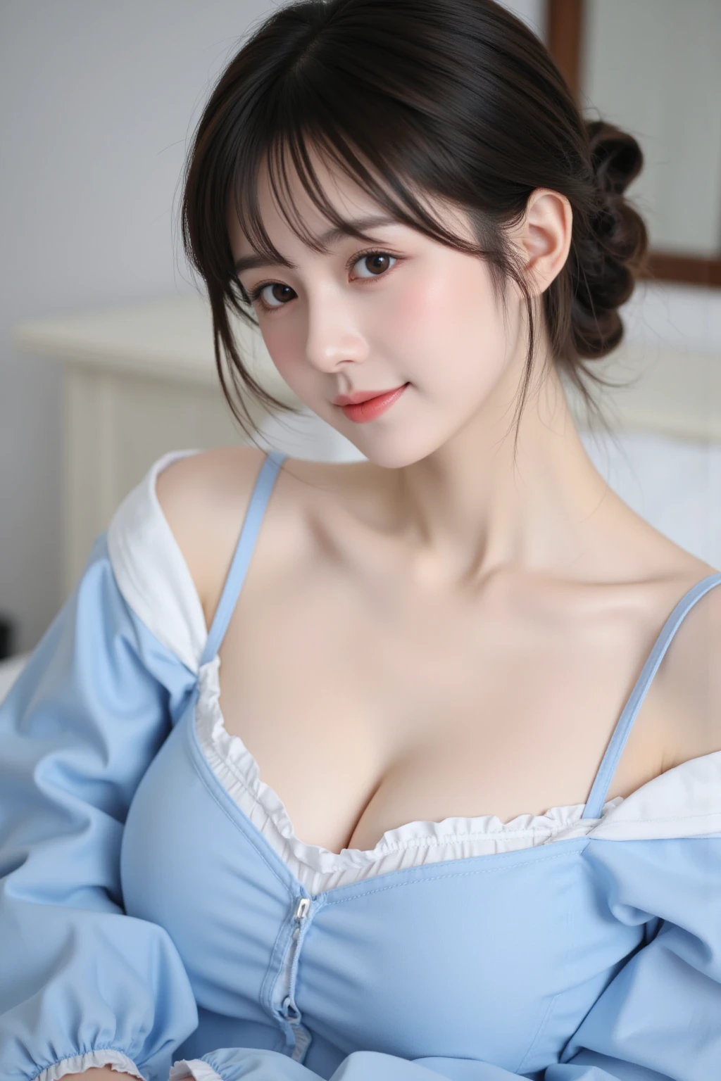 8K, Ultra-high resolution, Highest quality, masterpiece, 三分割法によるphotograph,Surreal, photograph, 1 Girl, (:1.3), pretty girl, Cute face, Beautiful eyes in every detail, 細かくdetailedに,masterpiece,, One Girl:1.2, Japan Female Announcer,full body,((very small head:1.3)),Center-parted bangs,amount,Black Hair,Long Hair,Iris,Gorgeous eyes,smile,((Toned body,Slender body,skinny)),(A very cute 20 year old young woman from Japan.), ((Short hair with side waves and twin tails))、Small breasts、 (((Clean your hands))),(((とても優しいsmile))), (((She is wearing navy blue and white lace panties.))),(((She is wearing a navy blue and white knitted dress.))) , Light on the face, 非常にdetailedな顔, 非常にdetailedな唇, Fine grain,,Glowing Skin,Shiny skin,bustling street,Climbing the stairs,Beautiful leg line beauty,Captivating thighs,Full of sex appeal,Sensual,屈託のないsmile,Heal the heart,Short ponytail、beauty,Long neck、Laugh a little、Please close your mouth and laugh、(((Ideal body type))),A cup small breasts :2,、Portraiture:2、Perfect Anatomy、鮮明なdetailed、detailed、Surreal、Light and shadow,Strong light