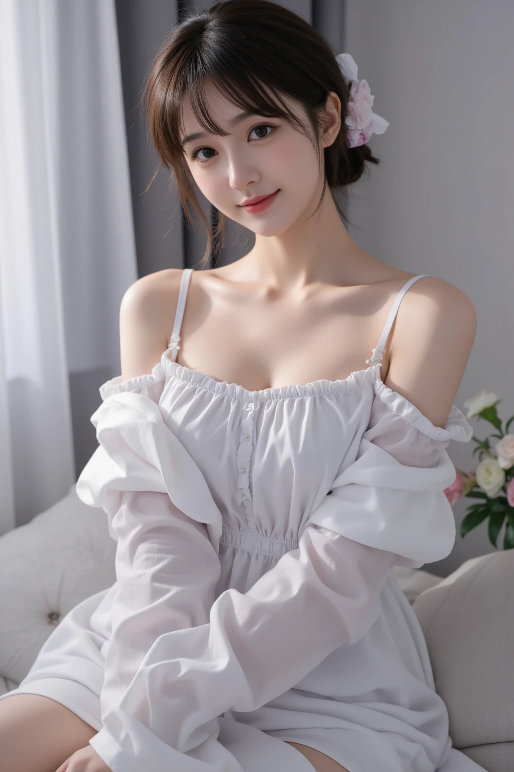 ((Highest quality, 8K, masterpiece: 1.3)), 1 Girl, The beauty of slim abs: 1.3, (Casual Hairstyles, Large Breasts: 1.4), skirt: 1.1, Super delicate face, Beautiful Eyes, double eyelid, smile, On the bed，Full Body Shot，View the whole body，Pink thin skirt dress，Strapless underwear.Exquisite small earrings.Princess Hairstyles.Climax expression，Long eyelashes.(Long blonde hair, ponytail)，Spread your legs.甘くて明るいsmile,((nsfw,naked:1.small and clean nipples,Wet Pussy)),Open your legs
