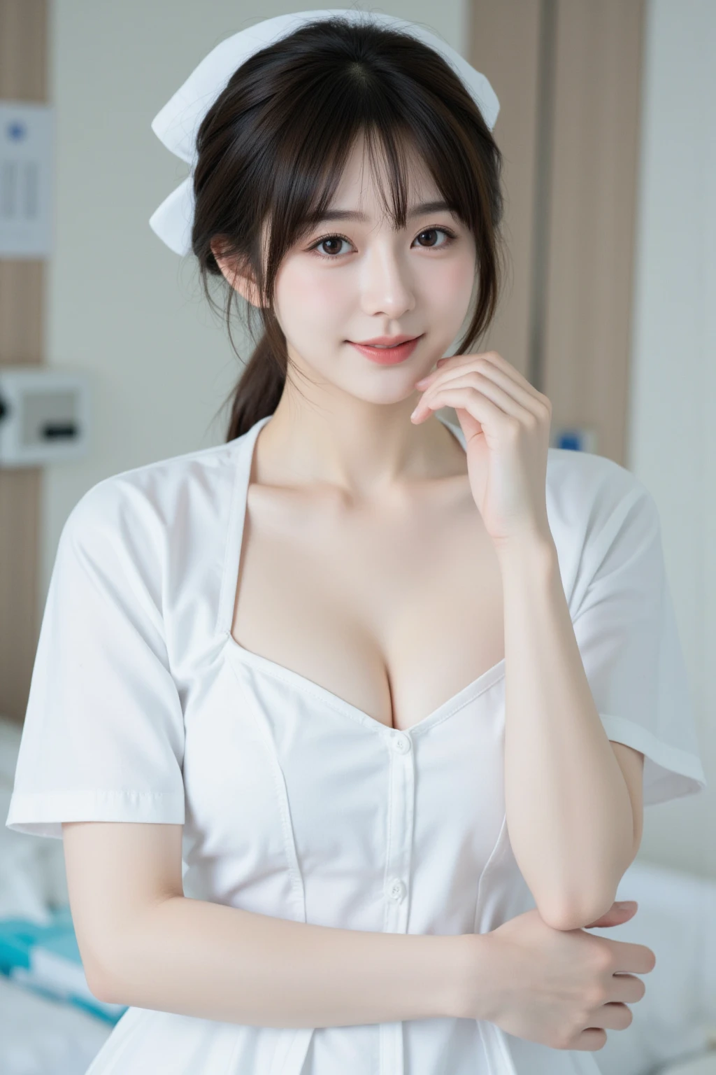 An innocent 18-year-old girl,Huge boobs:1.2,Cleavage:1.2、(Panty shot:1.3) (White nurse uniform:1.5),( White short skirt:1.5),(White nurse cap:1.5),(White Nurse Pump:1.5), (Standing leaning forward:1.3),(Put your hands down:1.5)、The background is a hospital room、smile,shortcut、RAW Photos, (8k、highest quality、masterpiece:1.2)、(Intricate details:1.4)、(Photorealistic:1.4)、Octane Rendering、Complex 3D rendering with ultra-detail, Studio Soft Light, Rim Light, Vivid details, Super Detail, Realistic skin texture, Detailed aspect, Beautiful details in the eyes, Highly detailed CG Unity 16k wallpaper, compensate, (Detailed Background:1.2), Glowing Skin, whole body、((Sexual Panties:0.9))、((Spread your legs wide:1.5))、((Boyfriend and girlfriend having sex in missionary position:1.5))、((POV:1.5))、((Half breast exposed:0.9))