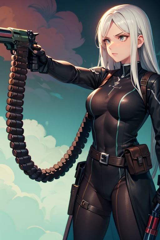 girl with、to stand,((The upper part of the body)),top-quality、masterpiece、Hi-Res、(((girl with1人)))、masutepiece, quality of hike,White background、(白人のgirl with), ((White long hair))),animesque,2D、((white hair))、blue eyess,albino、Tight clothes、, open belly,black leather spats、The upper part of the bodyのみ裸、rubbersuit、(Forehead)、Gun Holder、Serious profile、