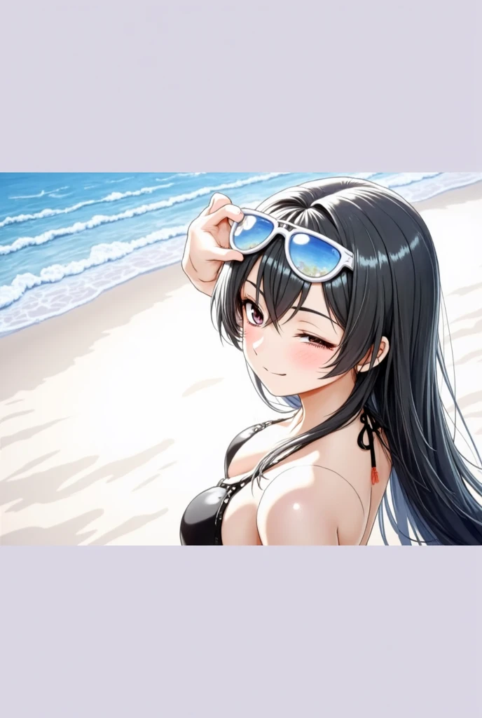 beautiful face,anime,cool beauty,1 girl,black hair,medium hair,medium chest,20th generation,no pubic hair,Height: 168cm,sharp outline,slim body,summer sea,smile,Half-up hairstyle,(selfie:1.5),white bikini swimsuit,