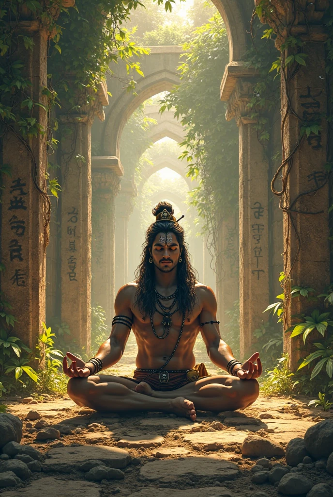 Lord Ram with hanuman meditating in nature face in front without beard tilak in forehead 