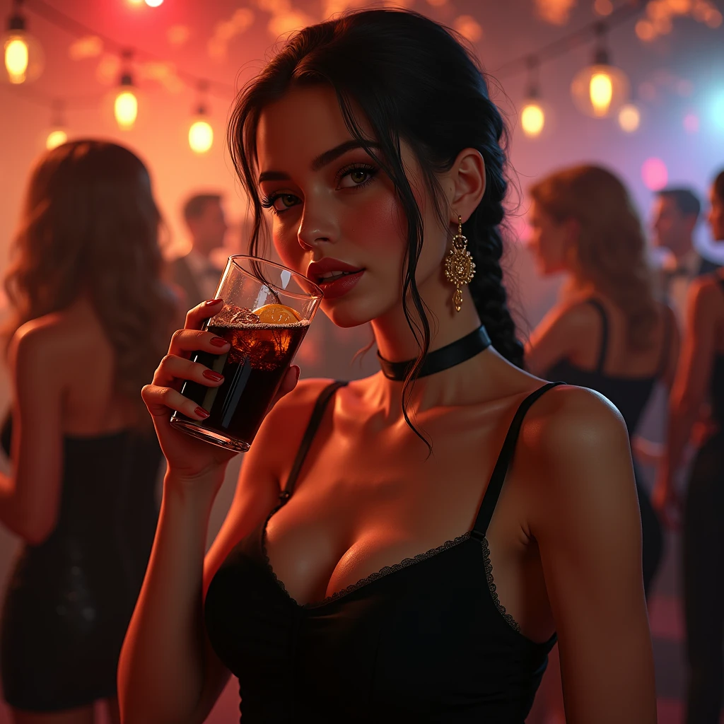 A hyper realistic image, with richness in details, with bright colors in the cyberpunk style, of a 21 year old woman having a drink, with a very sensual and attractive expression, She has beautiful breasts and they are out of her clothes, your hands are perfect and detailed, your hair very well detailed, in the blurred background you can see many men looking at her, she loves attention and teasing, hot body, realistic,detailed, smooth, sharp focus ,  realistic, highly detailed, digital painting, sharp focus, illustration art by greg rutkowski, nsfw.