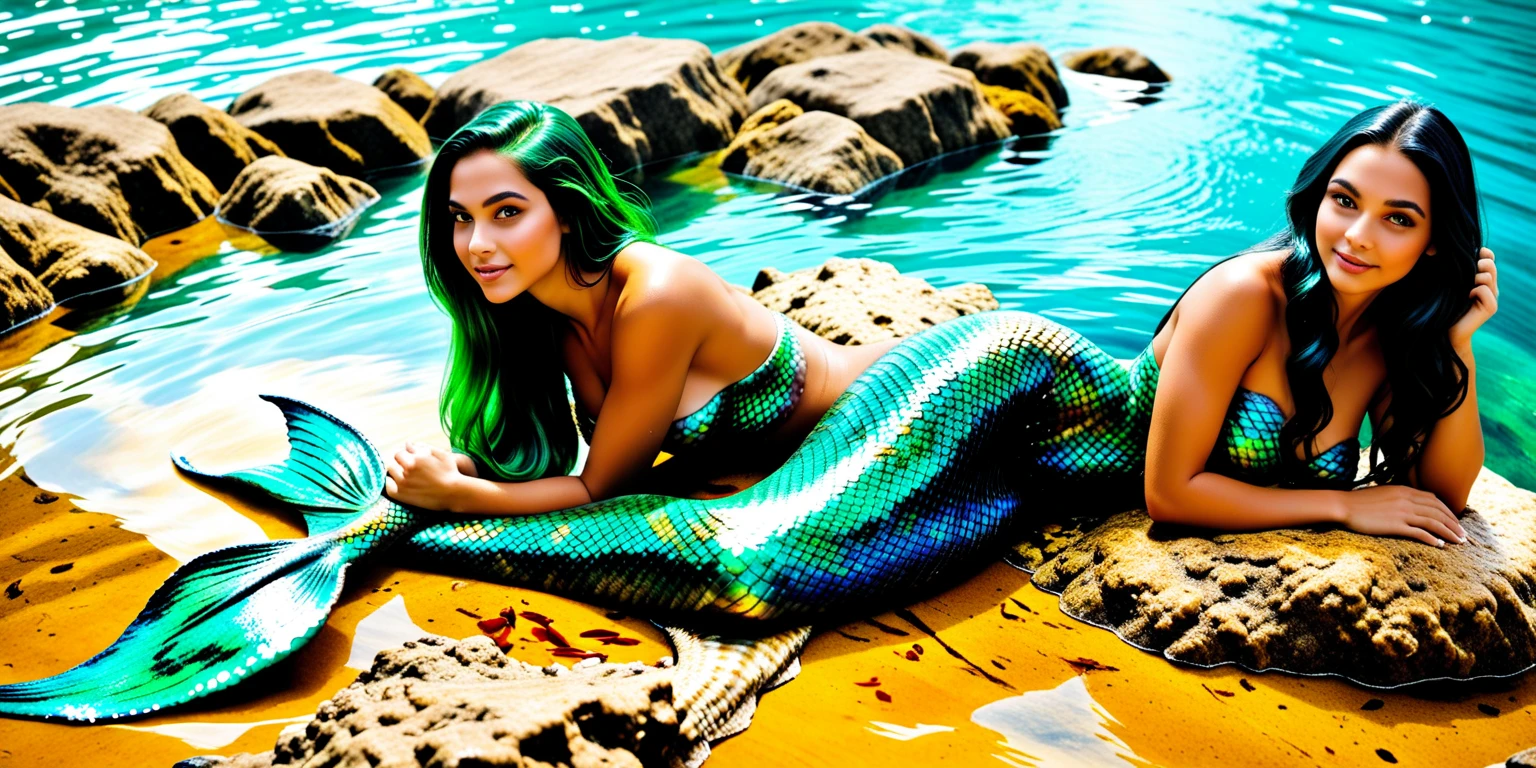 Create a drawing of a green mermaid bathing in a river