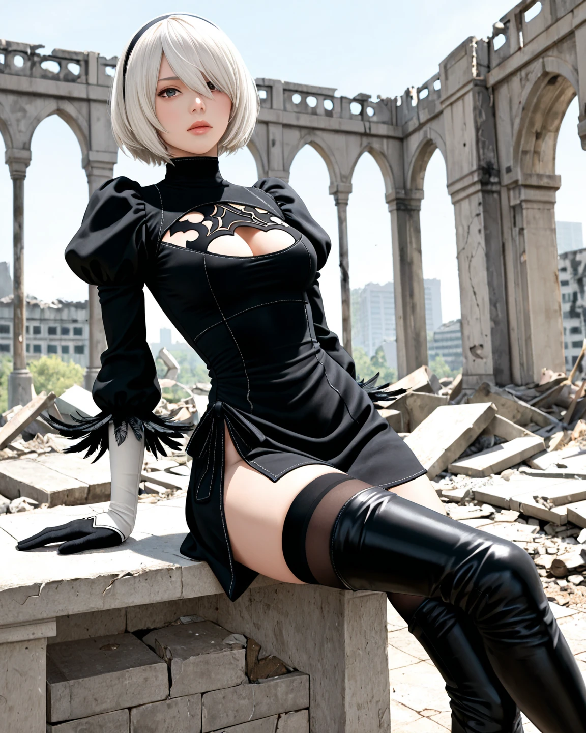 8K,Masterpiece,One woman,Combat pose,battoujutsu stance,knife,Smile,30 years old,blue eyes,White Hair,Short Bob Hair,(Gothic ta),Dutch beauty,Ella Freya(Ella Freya),(White panties),2b, short hair, Knee socks, gloves, Long sleeve, dress, Slender figure, Cleavage, Small breasts, Gray Hair, hair band, boots, Puffy sleeves, black Knee socks, Black footwear, Mole, black dress, High heels, leotard, Clothing cutouts, thigh boots, Cleavage cutout, black hair band, Juliet Sleeve, high heel boots,Dynamic Angle