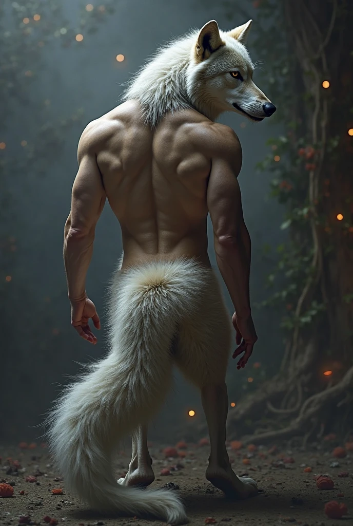 Full Body photorealistic 4k, high resolution, Nicholas Hoult,,best quality, masterpiece, perfect color, perfect shade, perfect lighting, Posted by e621, ((portrait)), ((handsome man)), perfect male figure, Short hair details,Naked and nude torso,Detailed face, perfect face, (stood up), Detailed background, ((Bonifasco Lighting)), (delicate eyes),(animal ears white wolf),((big fluffy tail)),tattoo,((forest)),emaciated. Smiling