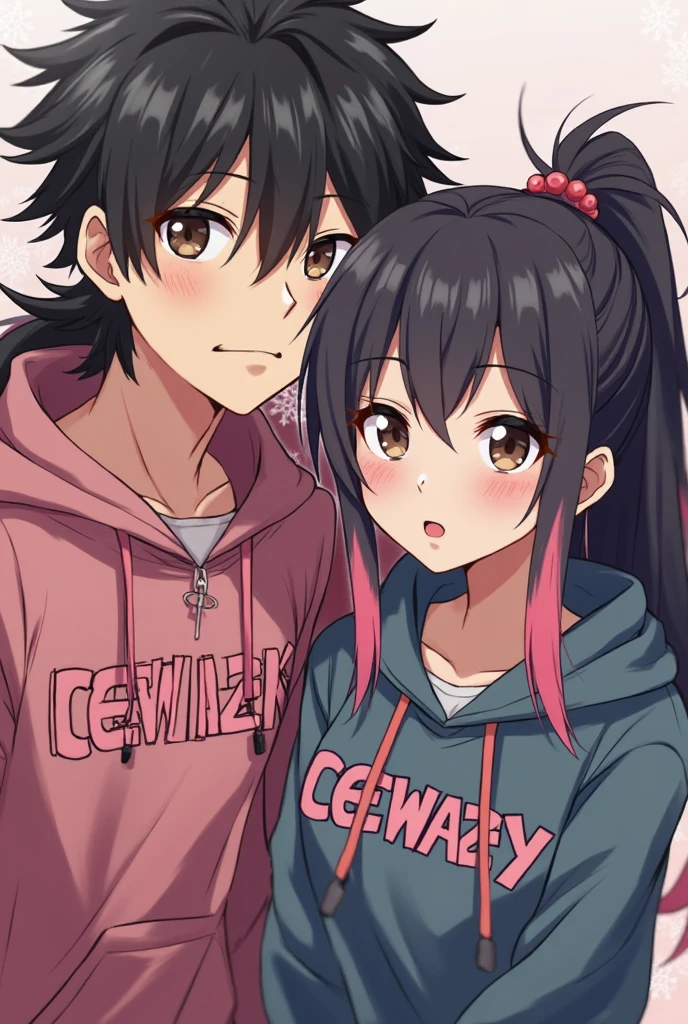 a girl with long pink hair,A boy with black hair 