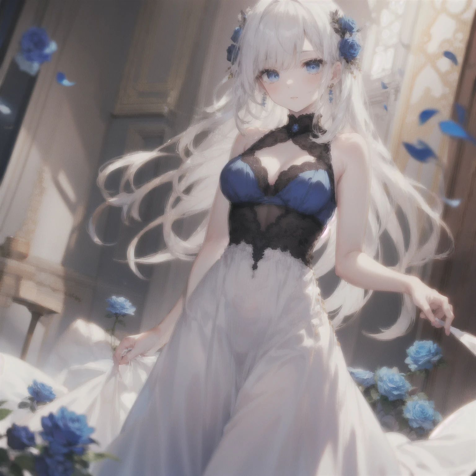 A girl，short hair, Bangs, White hair, Hair between the eyes, (Blue Eyes:1.5),  (Large Breasts:1.2), 
rest clavicle, Wedding dress，veil，wedding，White dress，Flowers，Broken skirt，White socks，Tights，White knee socks，
looking at viewer, whole body,
indoors, church，Standing，Standing，
rest (masterpiece:1.2), best quality, high resolution, Unity 8k Wallpaper, (illustration:0.8), (Beautiful and delicate eyes:1.6), Extremely detailed face, Perfect lighting, Extremely detailed CG, (Perfect hands, Perfect anatomical structure),