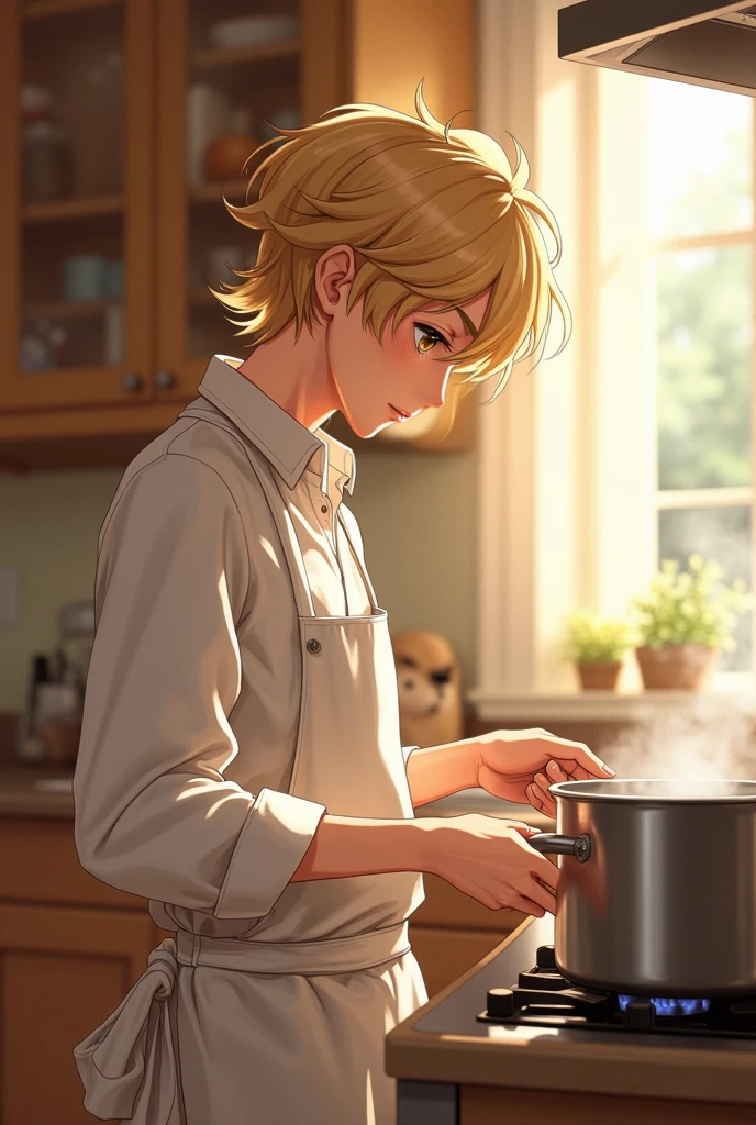 male character, young adult, fit lean body, himbo, tan skin, bubbly personality, long hair, on a kitchen, cooking something, bishonen, celshaded, bright and warm colors, homey vibe