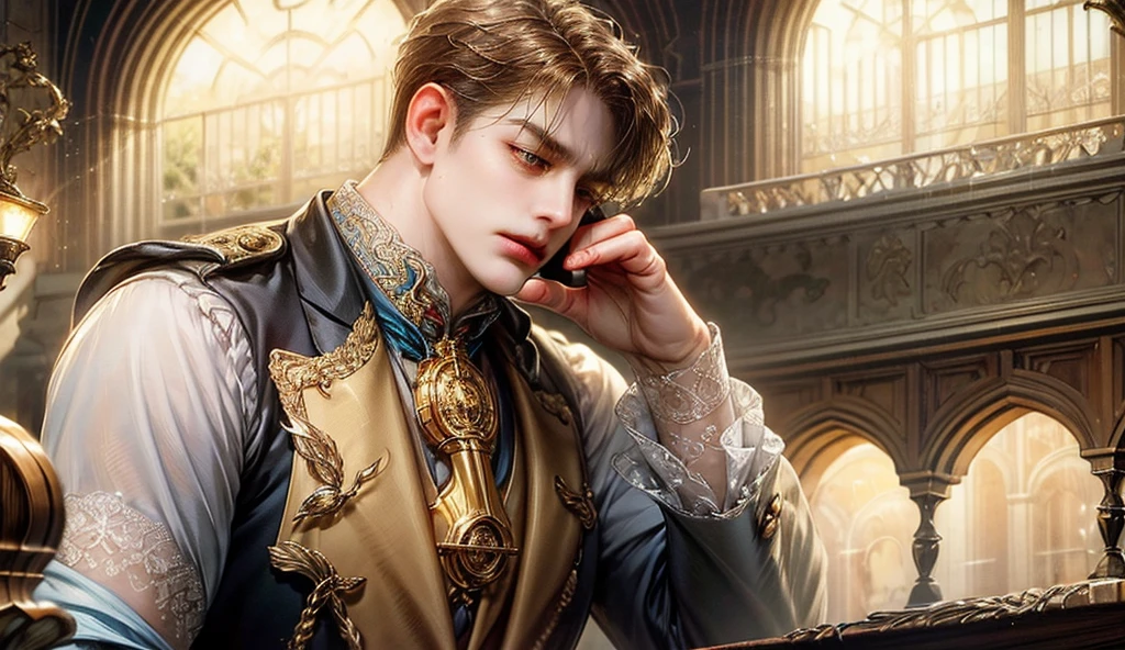 Highly detailed and realistic illustration of ((1male magician)) in a stylish outfit, perfoming in scene a trick with cards, stylized with brighd sharp lines.